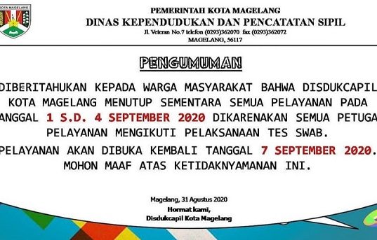 Keluarga Pegawai Meninggal Karena Covid-19, Kantor Disduk Capil Magelang Ditutup