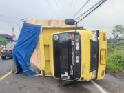 Truk Bermuatan Tripleks Tak Kuat Nanjak, Terguling di Jalur Maut Gondang Kertek