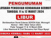 Pelayanan Pengujian Kendaraan Bermotor Libur Dua Hari